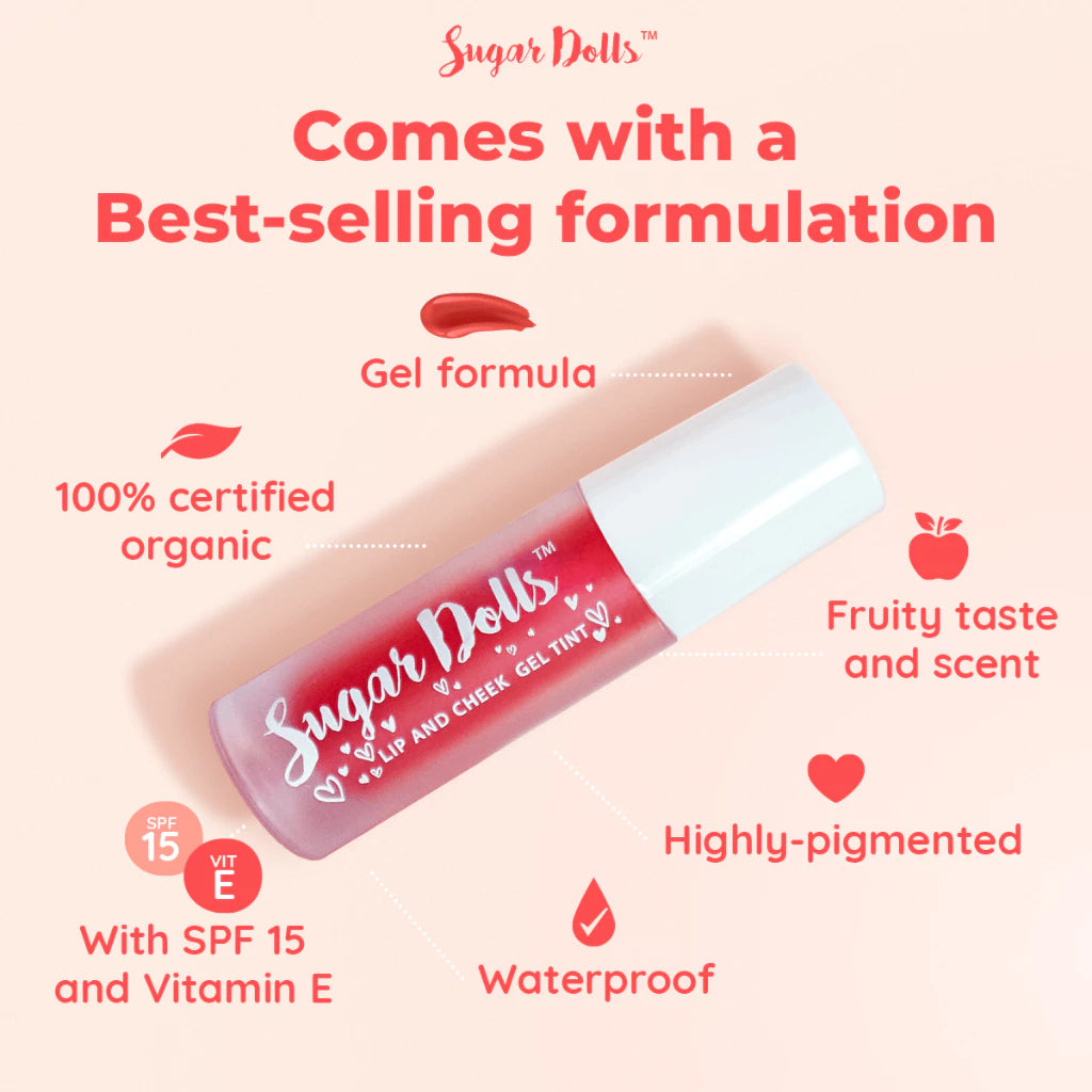 Sugar Dolls Lip & Cheek Gel Tint The Original Long Lasting, Pigmented, Lightweight, Makeup, Glossy